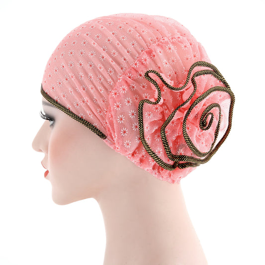 Fashionable Two-Tone Floral Cap and Headscarf Set