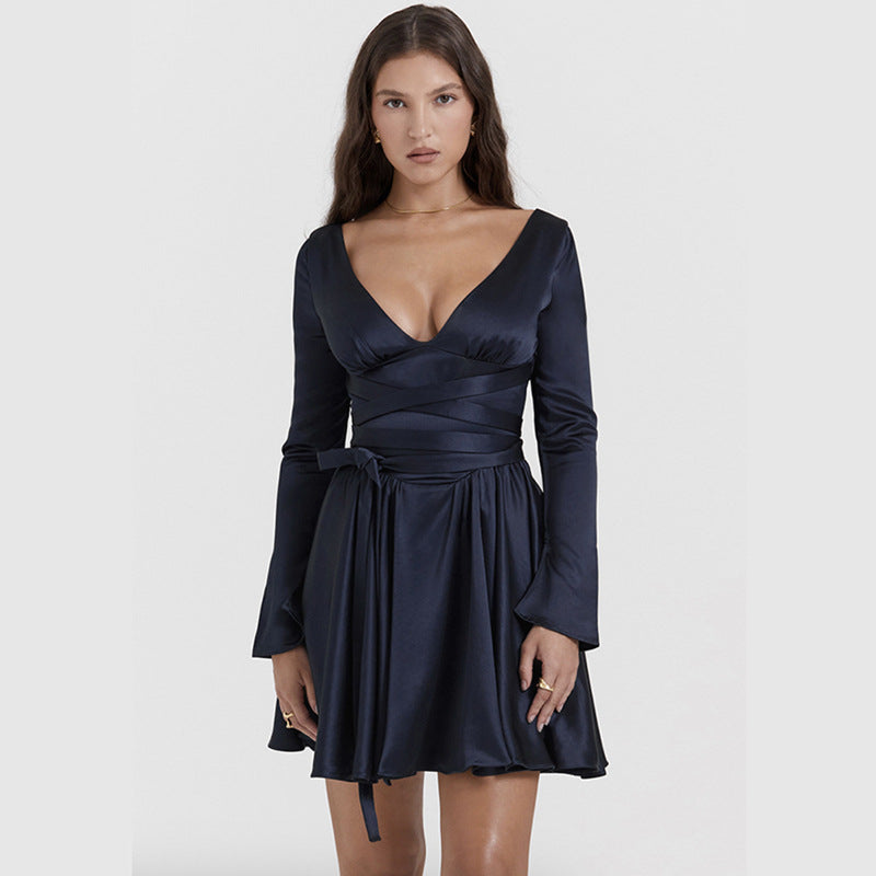 Fashionable V-Neck Backless Dress with Waist Tie